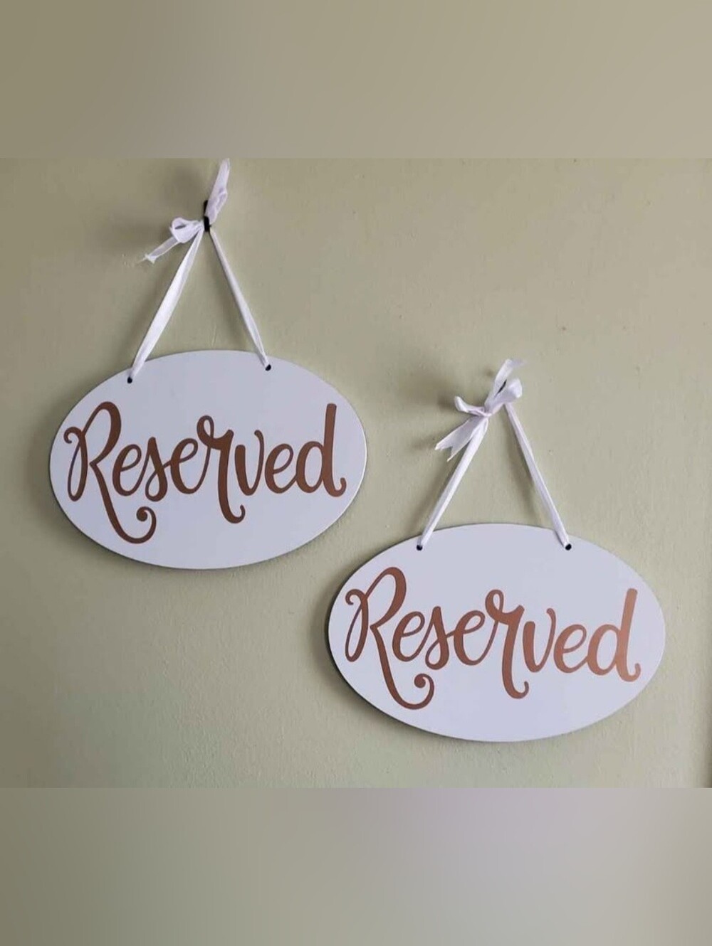 2 "Reserved" Oval Wall Signs - White with Rose Gold Script